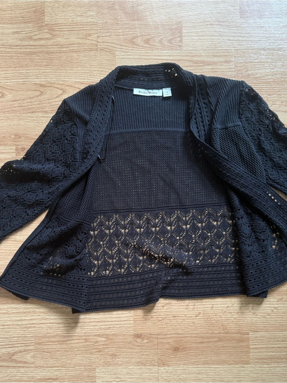 Vintage Studio Works Black Crochet Cardigan Y2K Boho Open Knit Mesh Sweater S